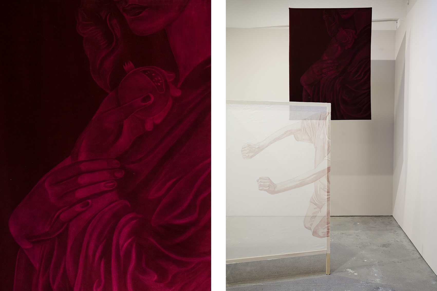 Bild. Titel Proserpina och Granatäppelkärnorna. Oljepastell på sammet 100x145 cm.